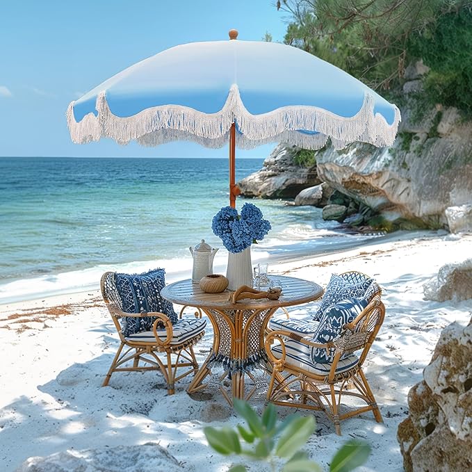 Sophia & William 7ft Outdoor Beach Umbrellas with Fringe, Portable Tilt Umbrellas for Sand, Patio, Lawn, Garden, Pool, Outing, Balcony