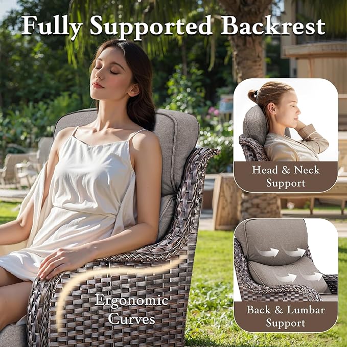 Luxury High Back Outdoor Furniture with 6-inch Extra Thick Cushions, Patio Furniture Set with Fire Pit Table & Swivel Chairs, 4 PCS Wicker Conversation Set for Yard, Deck, Poolside, Brown/Grey