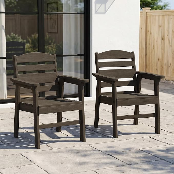 HDPE Outdoor Dining Chairs Set of 2 | Weather Resistant Patio Stackable Chairs for Garden, Backyard, Lawn and Poolside, Brown