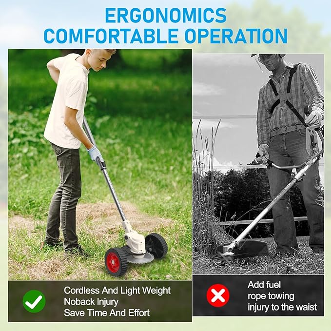 ALSO GO Cordless Weed Wacker Electric Grass Trimmer 24V Battery Powered Weed Trimmer, 3-in-1 Brush Cutter Weed Cutter Lawn Edger with 5 Types Blade & Wheels Lightweight for Garden and Yard Lawn-White