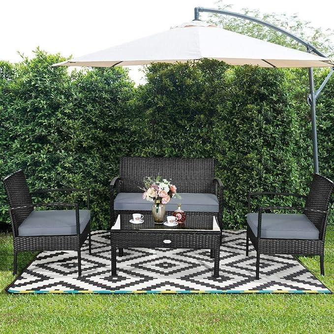 HAPPYGRILL 8 Pieces Patio Conversation Set Outdoor Rattan Wicker Sofa & Coffee Table Furniture Set for Patio Garden Poolside