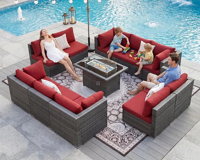 BULEXYARD 11 Piece High Back Outdoor Patio Set with Firepit, Extra Large Backyard Furniture Sectional Couch 10-Seater Modular, XL Big Wide Deep Outside Seating Area for Exterior, Grey & Red