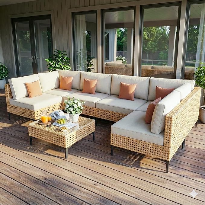 Patio Furniture Set 7 Piece Large Outdoor Sectional Free Combination Outdoor Furniture with Thick Cushion All Weather Wicker Boho Patio Conversation Sets for Porch, Deck