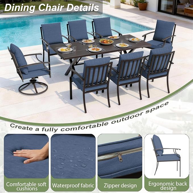 Patio Dining Set for 10 with 13.6ft Double-Sided Patio Umbrella,Outdoor Dining Set of 6 Metal Chairs and 2 Swivel Chairs with Umbrella Hole Table for Backyard,Garden,and Poolside(Navy)