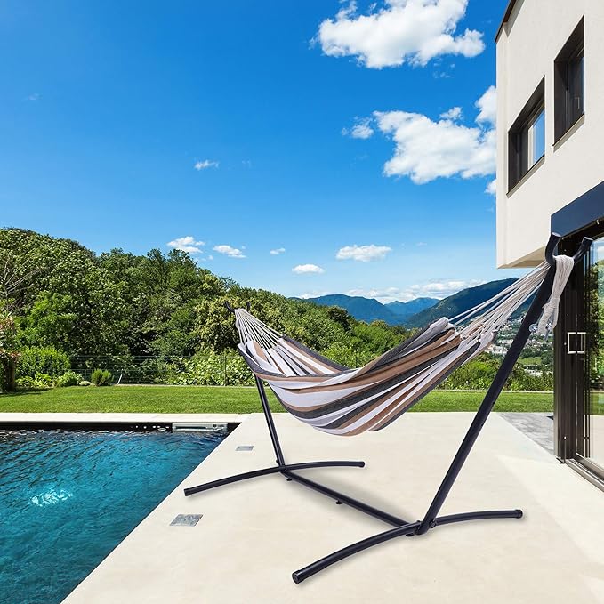Double Classic Hammock with Stand for 2 Person- Indoor or Outdoor Use-with Carrying Pouch-Powder-Coated Steel Frame - Durable 450 Pound Capacity,Brown/Gray Striped