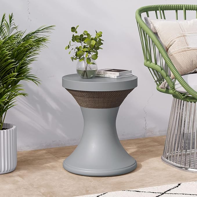 COSIEST Outdoor Side Table, Hourglass Shaped Concrete Accent Side Table w Hemp Rope Decor, 17.7''Patio End Table, Vintage Patio Stand for Garden, Grey