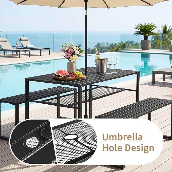Outvita 49" Outdoor Matel Picnic Table and Bench Set with 2" Umbrella Hole and Storage Shelf, Patio Dining Set for 4 People, Outdoor Dining Table and Chair for Garden, Yard, Porch