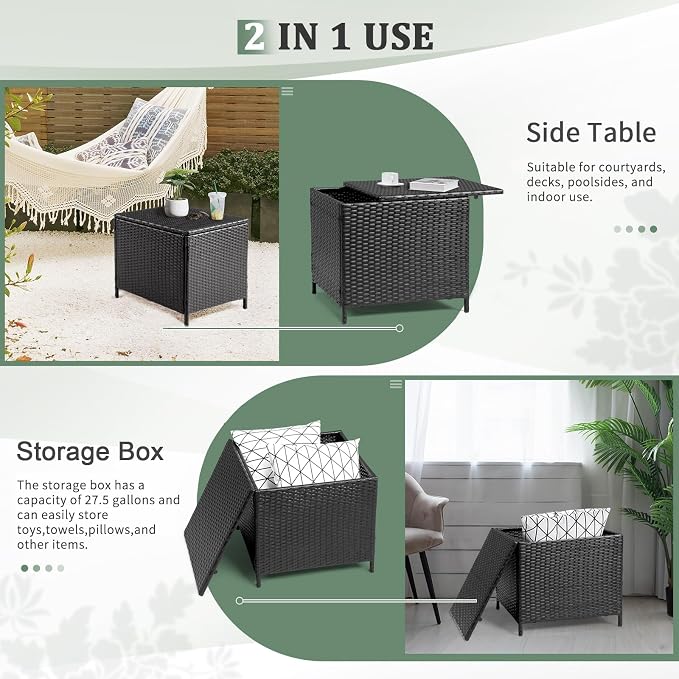 Vasitelan Outdoor Wicker Storage Side Table, Patio Brown PE Rattan End Table with Storage, Square Container for Furniture Covers, Gardening Tools (Black)