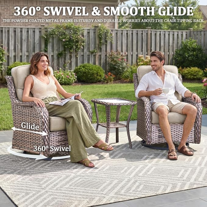 Luxury Swivel Rocker Chairs Fire Pit Set with 6" Thick Cushion 10 piece Wicker Outdoor Patio Chair with Sofa and Ottoman,Comfortable High Back Outdoor Patio Furniture Set - Brown | Beige