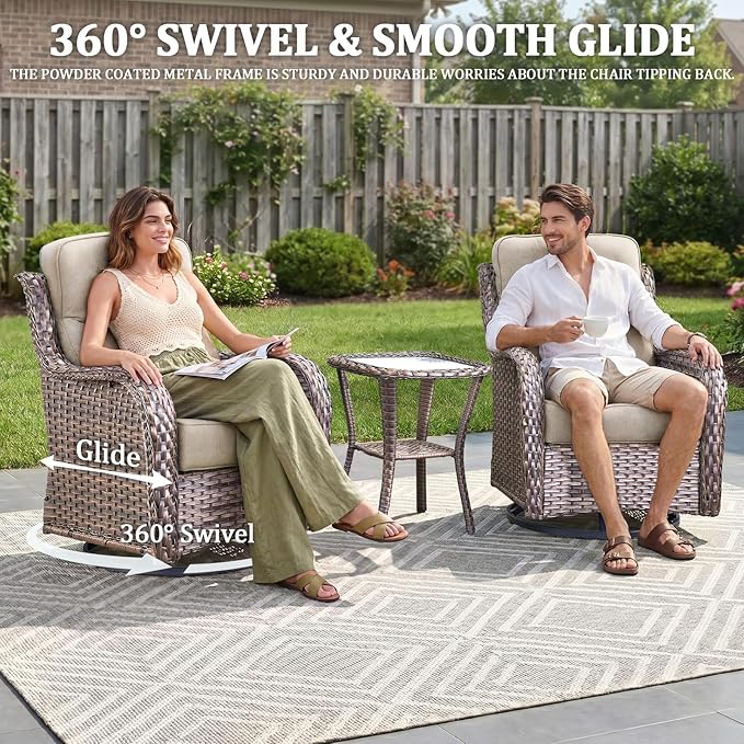 Luxury Swivel Rocker Chairs Fire Pit Table Set with 6" Thick Cushion 4 piece Wicker Outdoor Patio Chair with Sofa,Comfortable High Back Outdoor Patio Furniture Set - Brown | Beige