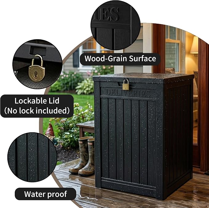 Package Delivery Box, Lockable Resin Outdoor Package, Waterproof Deck Box for Porches, Patios, Indoor & Outdoor Use (57 Gallon, Black)