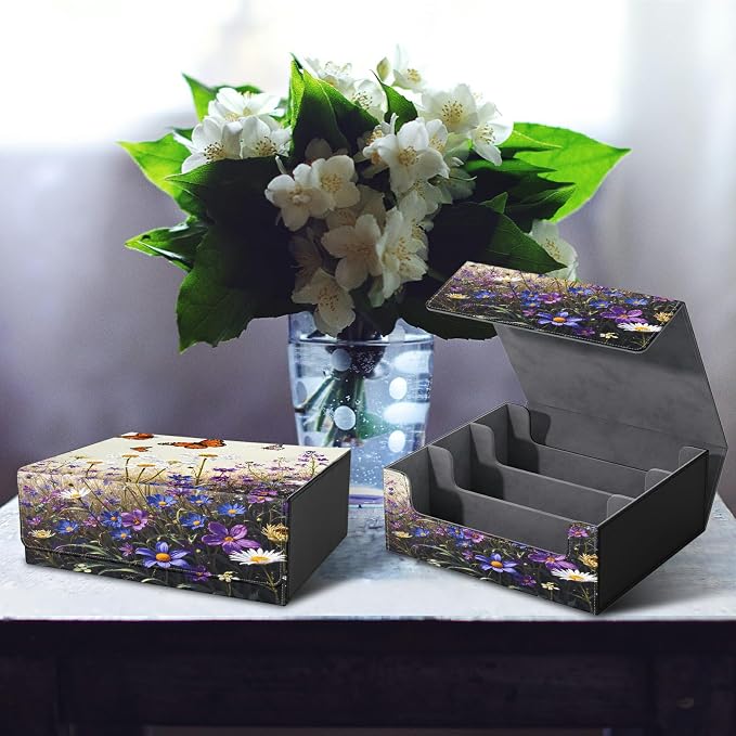 Large Card Deck Box for MTG, Fits 1200+ Sleeved Cards, PU Leather Storage Case with Strong Magnetic Closure, Multiple Colors for TCG CCG Baseball Card Collections, Purple Flower Butterfly