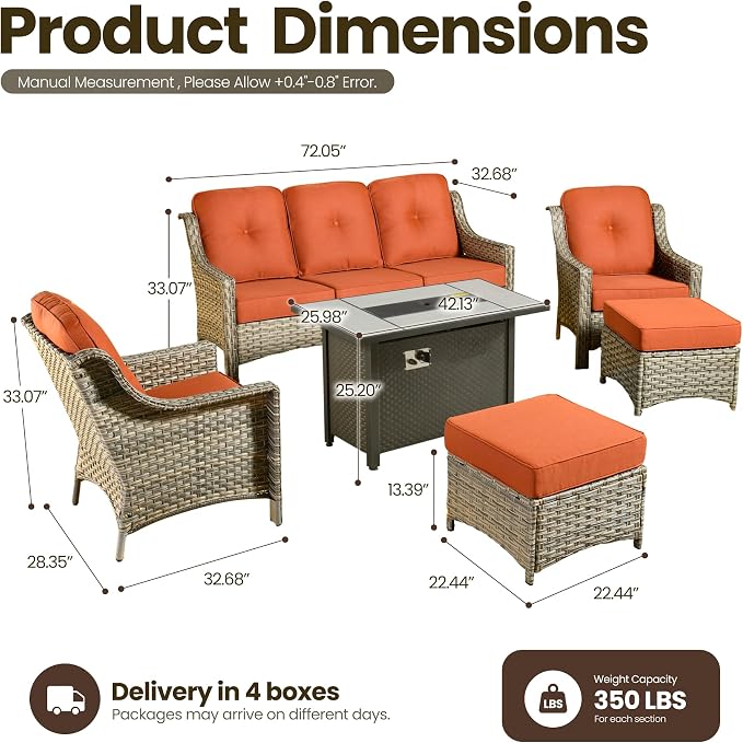 6 Piece Patio Furniture Set with Fire Pit Table, Outdoor Wicker High Back Sofa Chairs Ottoman with Comfy Cushions, Modern Conversation Sets for Backyard Deck Garden Poolside, Bold Orange