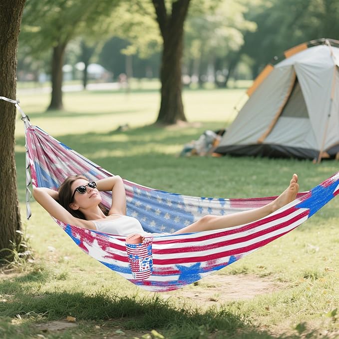 4th of July Independence Day Red White Blue 330lb Capacity Outdoor Hammock Fabric Hammock for Patio Backyard Lounge Base hamacas para adultos con soporte