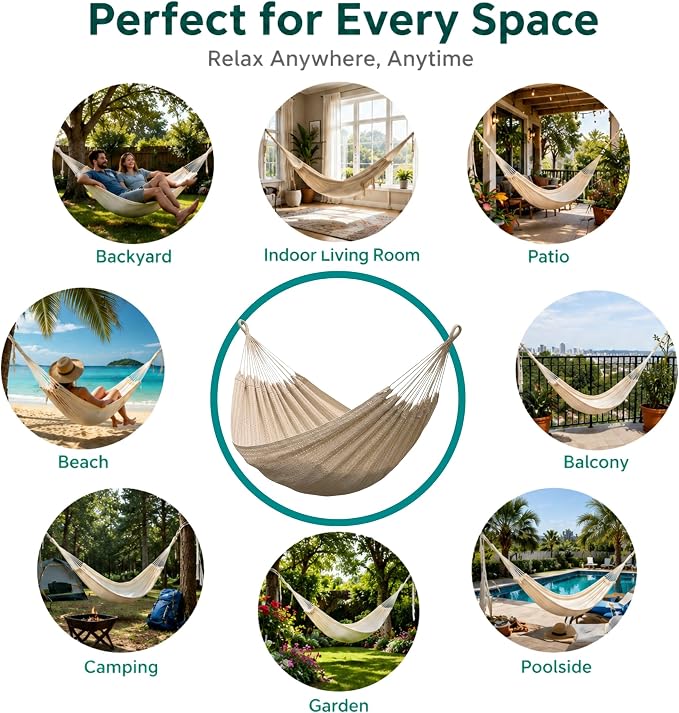 Hammock for 1-2 Person, 475 lbs Capacity – Handwoven Mexican Hammock, 100% Soft Cotton – 9.8 ft Mayan Hammock for Patio, Backyard, Indoor & Camping – Medium, Beige