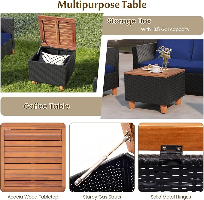 HAPPYGRILL 4 Pieces Wicker Patio Conversation Set, PE Rattan Chair & Ottoman Set with Removable Cushions, Storage Coffee Table, Outdoor Furniture Set for Garden Backyard Poolside (Navy)