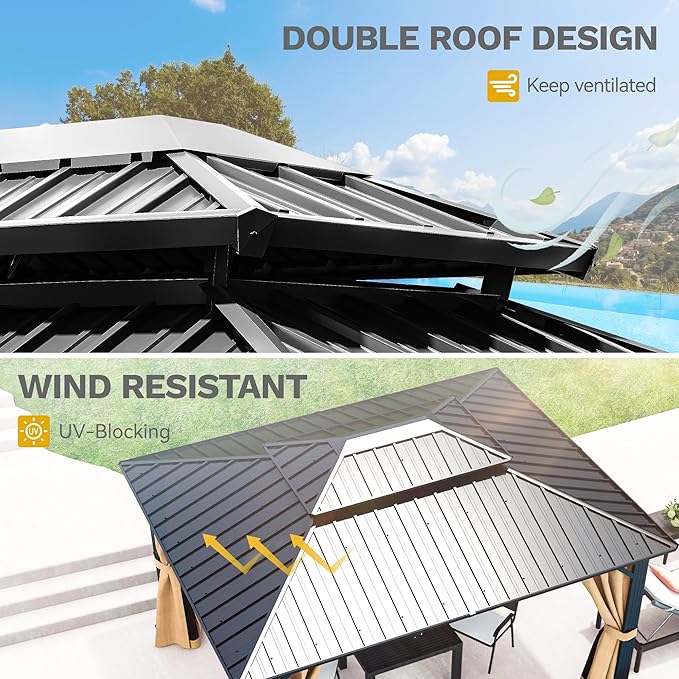 DWVO 10x12ft Hardtop Gazebo Double Roof Gazebo with Nettings and Curtains, Heavy Duty Galvanized Steel Outdoor Vertical Stripes Roof for Patio, Backyard, Deck, Lawns, Brown