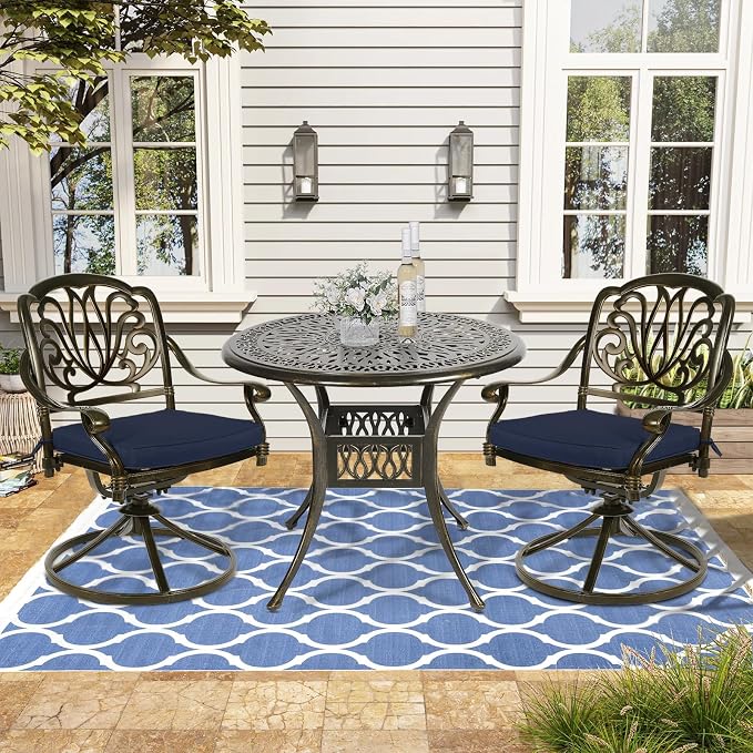 VIVIJASON 3-Piece Patio Furniture Dining Set, Outdoor All-Weather Cast Aluminum Bistro Set, Include 2 Swivel Chairs and 35.4" Round Table w/Umbrella Hole for Balcony, Lawn, Garden (Navy Blue Cushion)