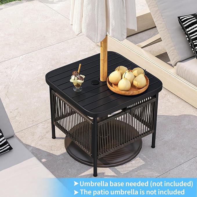 Tangkula Outdoor PE Rattan Side Table with 1.57” Umbrella Hole, Square Patio End Table with Metal Frame, Small Bistro Coffee Table for Porch, Balcony, Garden and Backyard (2)