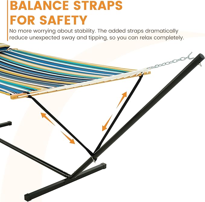 Lazy Daze Hammocks 2 Person Hammock with 12FT Stand for Outside, Quilted Double Hammock with Detachable Pillow, Balance Strap & Carrying Bag Included, 450lbs Capacity, Beach Stripes