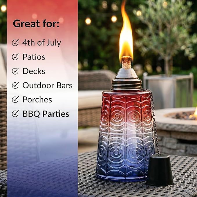Seraphic Citronella Table Top Torches for Outdoor Patio, 16oz Decorative Glass Torch Citronella Candles for Outside Deck, Garden, Parties, Set of 3, Red/White/Blue