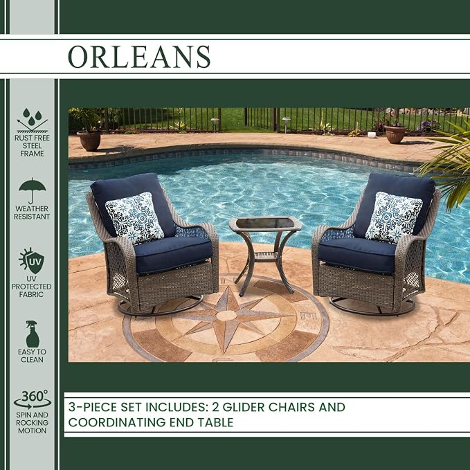 Hanover Orleans 3-Piece Patio Conversation Set with 2 Gray Wicker Swivel Rockers, Heather Gray Cushions, and Glass Top Square Table, Outdoor Bistro Set 3-Piece