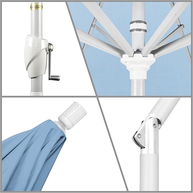 California Umbrella 9' Round Aluminum Market Umbrella, Crank Lift, Push Button Tilt, White Pole, Cilantro