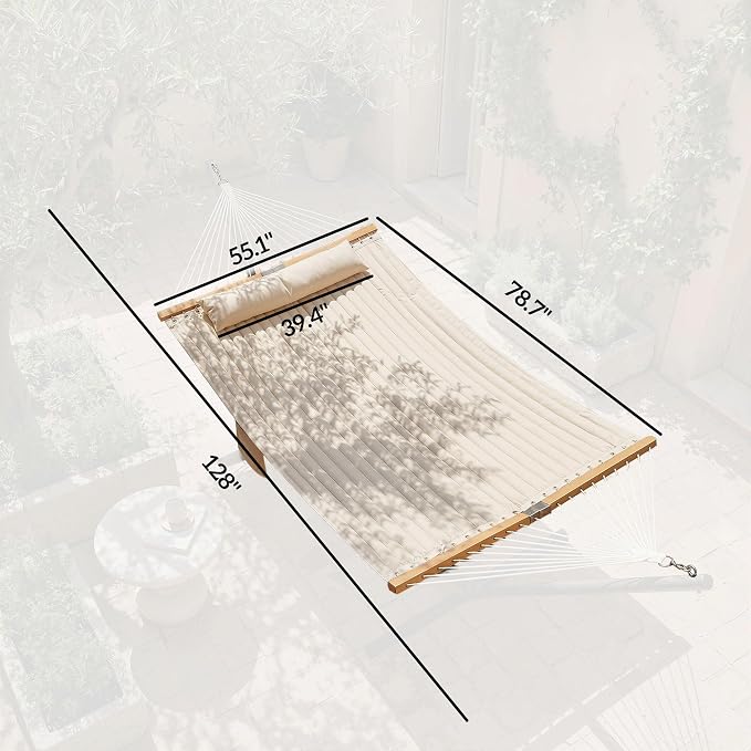 Outdoors 2-Person Hammock with Pillows & Pad Cream White Beechwood Spreader Bars 128in L 440lb Capacity