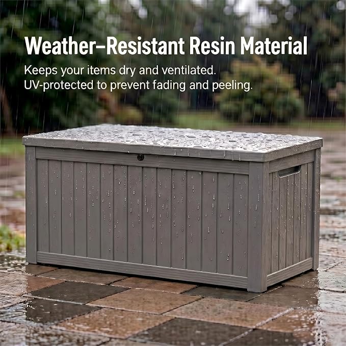 199 Gallon Large Resin Outdoor Storage Box, Waterproof Deck Box with Lockable Lid, Outside Storage Box for Patio Furniture, Pool Accessories, Garden Tools, Storage Bench for Backyard Porch,Gray Coffee
