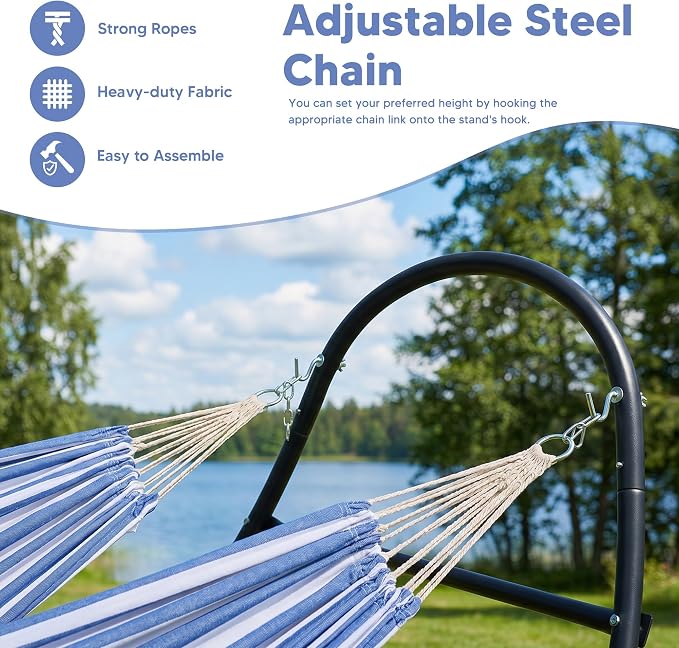 SUNCREAT Hammocks for Outside with Stand, Porch Hammock and Stand, 475 lbs Capacity, Patent Pending, Blue & White