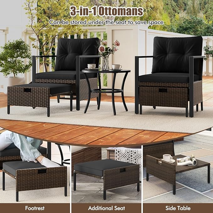 Tangkula 5 Piece Outdoor Furniture Set, Rattan Chairs & Ottomans w/Round Glass Topped Coffee Table, Space Saving Cushioned Patio Conversation Set for Backyard, Poolside (Black)