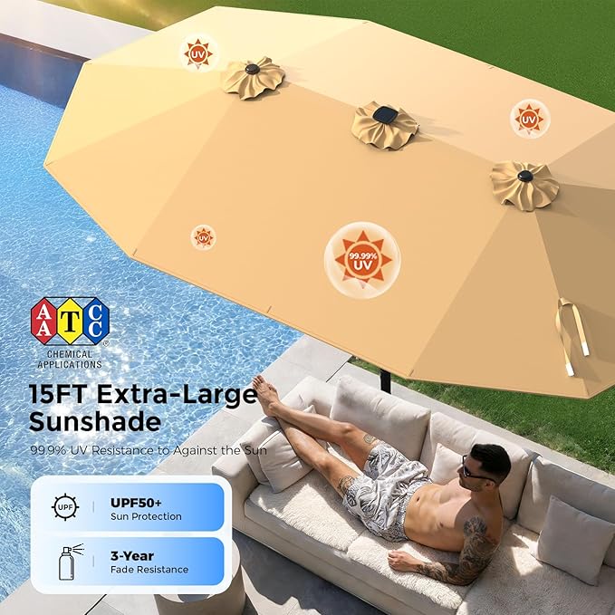 HOMSHADE 15FT Double Sided Umbrella with Light Bar and Base, Rectangle Oversized Patio Umbrellas, Extra Large Outdoor Table Umbrella for Pool, Patio, Garden (Beige)