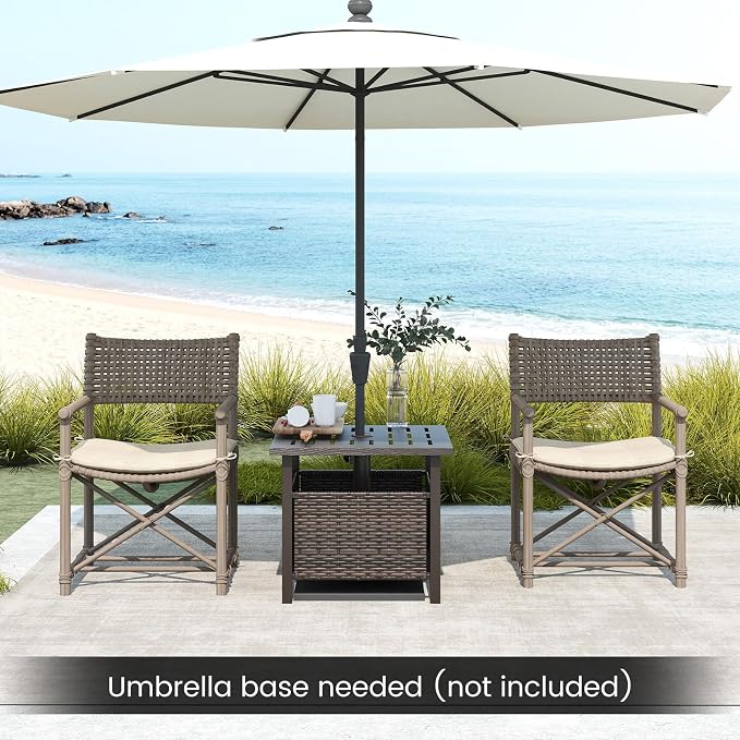 Outdoor Side Table with Umbrella Hole, Umbrella Table with Zinc-Iron Alloy Tabletop & Sturdy Galvanized Iron Frame, 22" Wicker End Table for Patio, Garden, Porch, Poolside(Mix Brown)