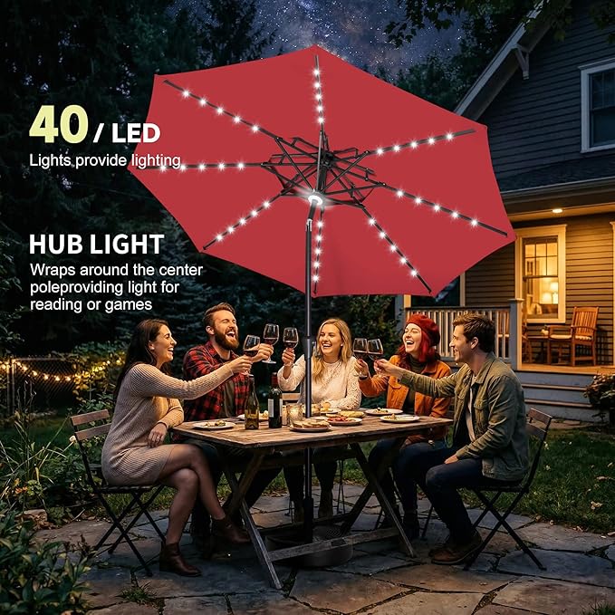 9ft Solar Umbrella Outdoor - 2 Tiers Lighted Solar Patio Umbrella with 40 LED Lights Waterproof UV Protection, Table Umbrella with Tilt for Pool, Porch, Garden, Backyard (Red)