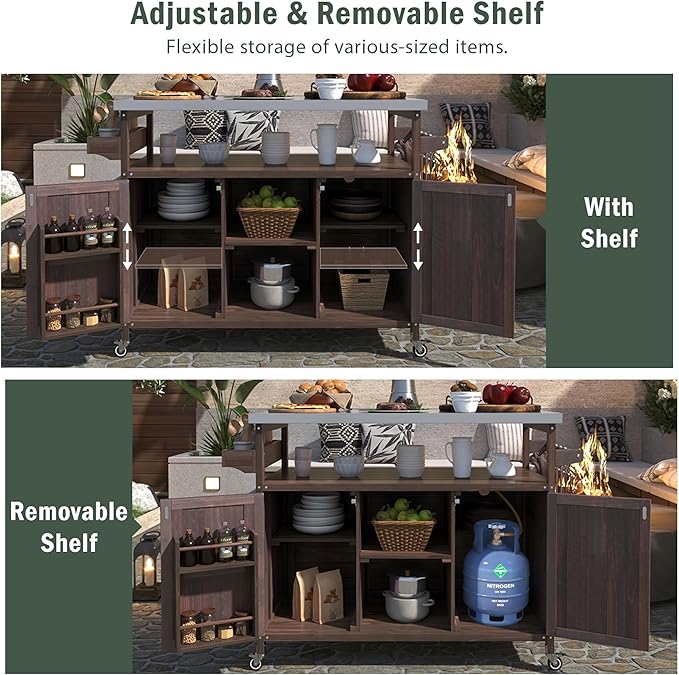 Outdoor Deck Box Storage Cabinet with Stainless Steel Countertop, 50 Inch Solid Wood Patio Storage Box on Wheels for Garden Tools, Grill Prep, and Pool Accessories, Dark Brown