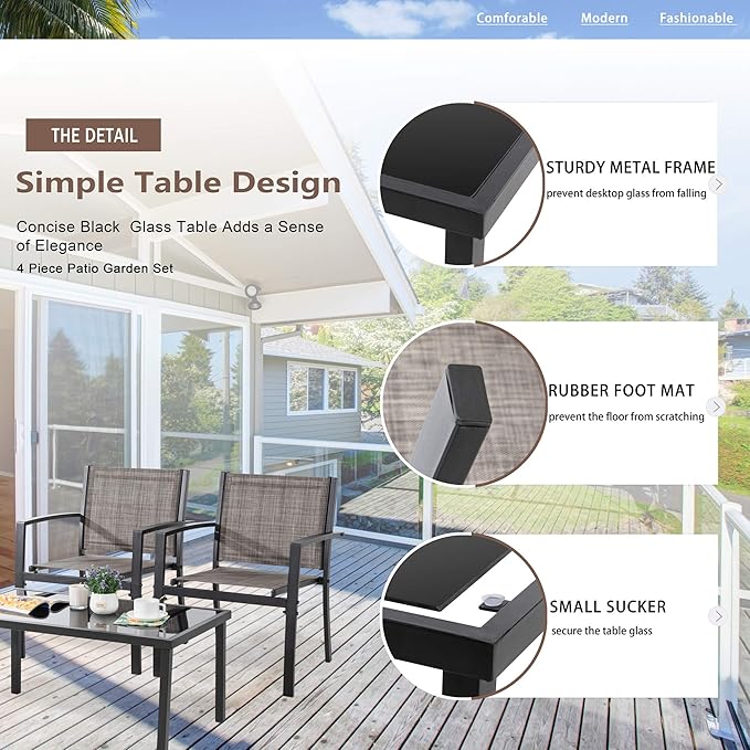 Vongrasig 4 Piece Outdoor Patio Furniture Sets, Modern Textilene Bistro Set Patio Conversation Set with Loveseat, Glass Tea Table for Home Lawn Balcony Porch Backyard(Brown)