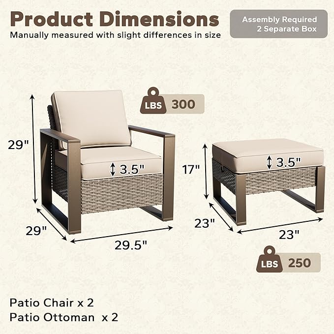 Outdoor Wicker Metal Chairs Set of 2 with Two Ottomans - 4 Pieces Patio Bistro Set with Rectangular Framed Wood-Looking Metal Armrest & Removable Cushions for Poolside, Terrace, Beige