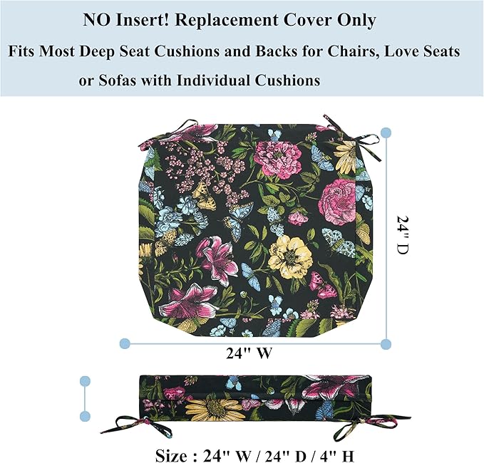 FUNHOME Outdoor Chair Cushion Covers 2 Pack, No Insert! Patio Cushion Covers Replacement 24" x 24" x 4", Water Resistant Patio Chair Cushion Slipcovers, Black Flower Butterfly(Covers ONLY)