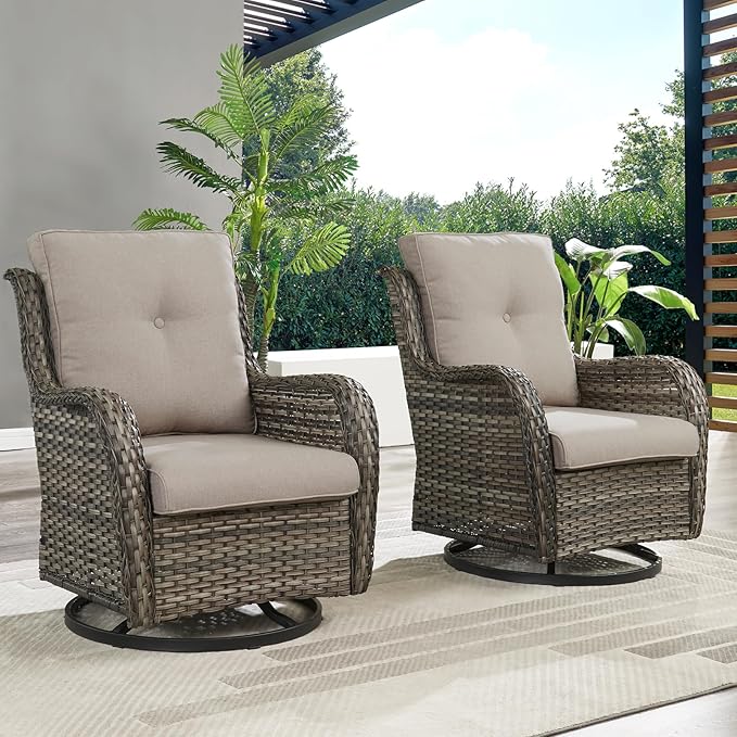 HUMMUH Outdoor Swivel Rocker Wicker Patio Chairs High Back PE Rattan Glider Chairs 4PCS Patio Furniture Set(Grey,Grey)
