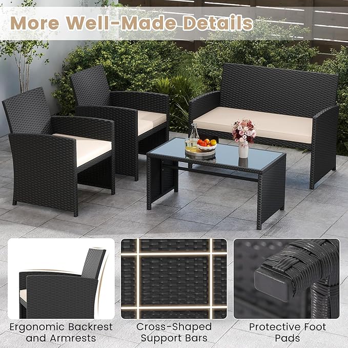 Tangkula 4 Pieces Patio Wicker Furniture Set, Outdoor Heavy Duty Rattan Cushioned Chairs, Loveseat and Tempered Glass Coffee Table, for Backyard, Balcony, Poolside (1, Off White)