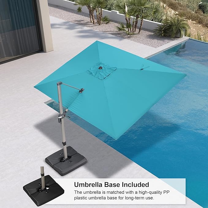 PURPLE LEAF 9' x 11' Patio Umbrella with Base Cantilever Umbrella Rectangular Outdoor Offset Umbrella with Champagne Frame and 360° Rotation for Garden Deck Pool, Turquoise Blue