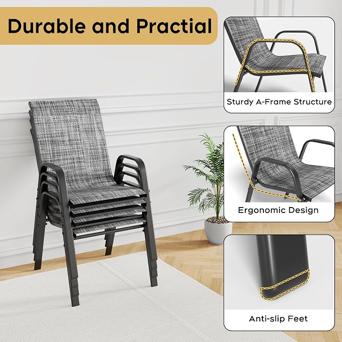 Outdoor Patio Dining Set for 4, 5 Pieces Patio Table and Chairs Set with Umbrella Hole, 37.8"x 37.8" Square Metal Wood-Grain Dining Table Set with 4 Stackable Patio Chairs for Deck , Backyard, Porch