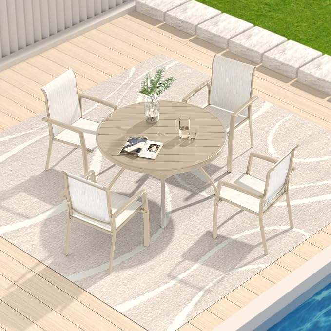 LUMISOL 5-Piece Outdoor Patio Dining Set, Patio Furniture Set with 4 Patio Stackable Dining Chairs and 40.6” Outdoor Metal Round Table, Sandstone