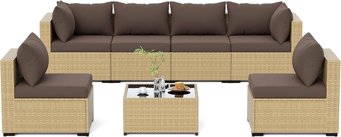 UDPATIO Furniture Set, 7 Piece Sectional Sofas with Wicker Coffee Table, Conversation for Garden, Backyard, Yellow/Brown