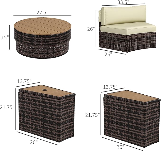 Outsunny 8 Piece Patio Furniture Set with 4 Rattan Sofa Chairs & 4 Tables, Outdoor Conversation Set with Storage & Umbrella Hole for Backyard, Lawn and Pool, Mixed Brown