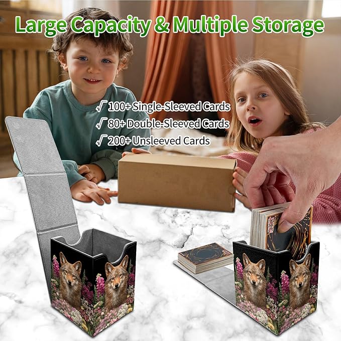 Flower Wolf Card Deck Box for MTG, Personalized Card Storage Case Fits 120+ Sleeved Cards, Premium Leather TCG Box with Strong Magnetic Closure for Magic, CCG, PTCG, Baseball Cards