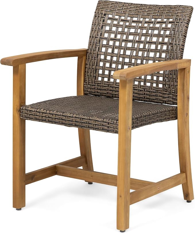Merax 5 Piece Patio Dining Set, Outdoor Acacia Wood 63" Slatted Dinning Table and 4 Rattan Arm Chairs w/Sturdy Wood Legs for Backyard,Balcony, Garden, Poolside, Mocha+Teak