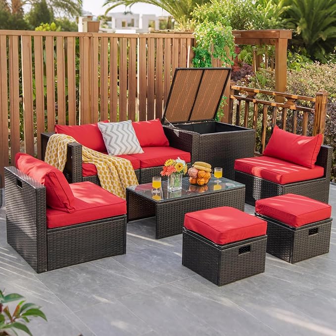 COSTWAY 8-Piece Outdoor Patio Furniture Set, Rattan Sectional Sofa, Armless Chairs, Side Table with Storage Ottoman & Glass Coffee Table, Space-Saving Conversation Set for Garden Deck (Red)