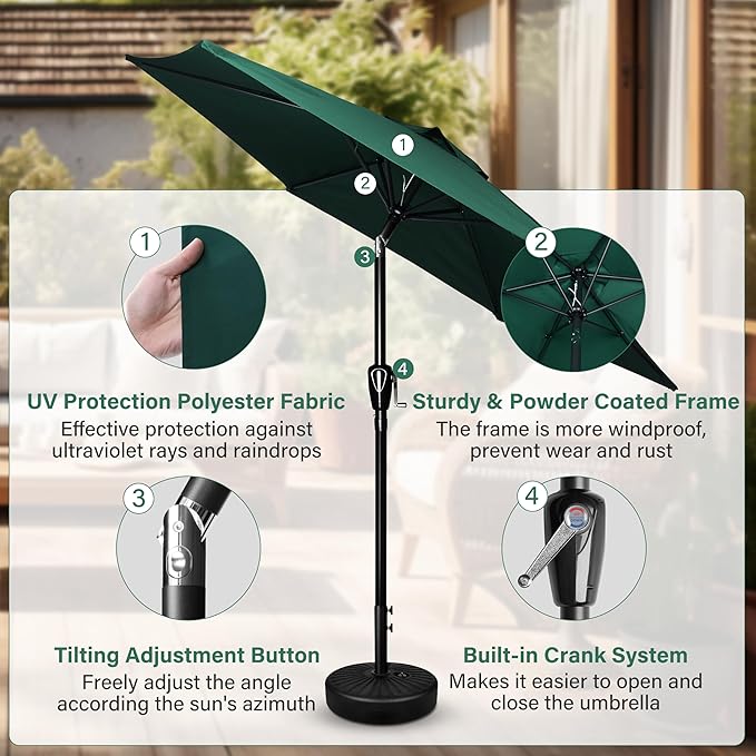 Simple Deluxe 7.5' Patio Umbrella Outdoor Table Market Yard Umbrella with 6 Sturdy Ribs for Backyard, Pool, Garden, Deck, Green