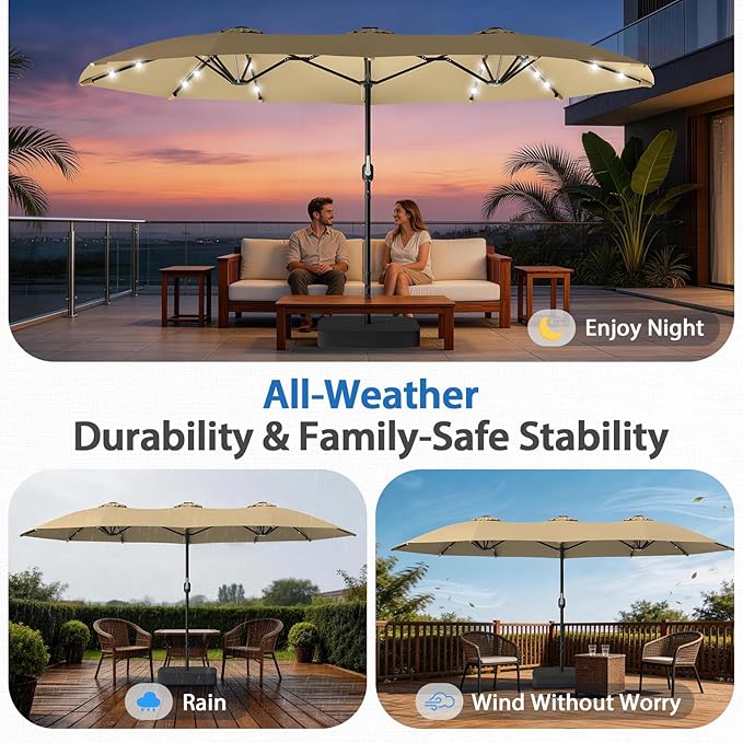 HOPERAN 15FT Patio Umbrella with Base Included, Large Outdoor Double-Sided Rectangle Table Umbrella with Easy Crank Lift, Market Umbrella for Backyard, Pool&Garden